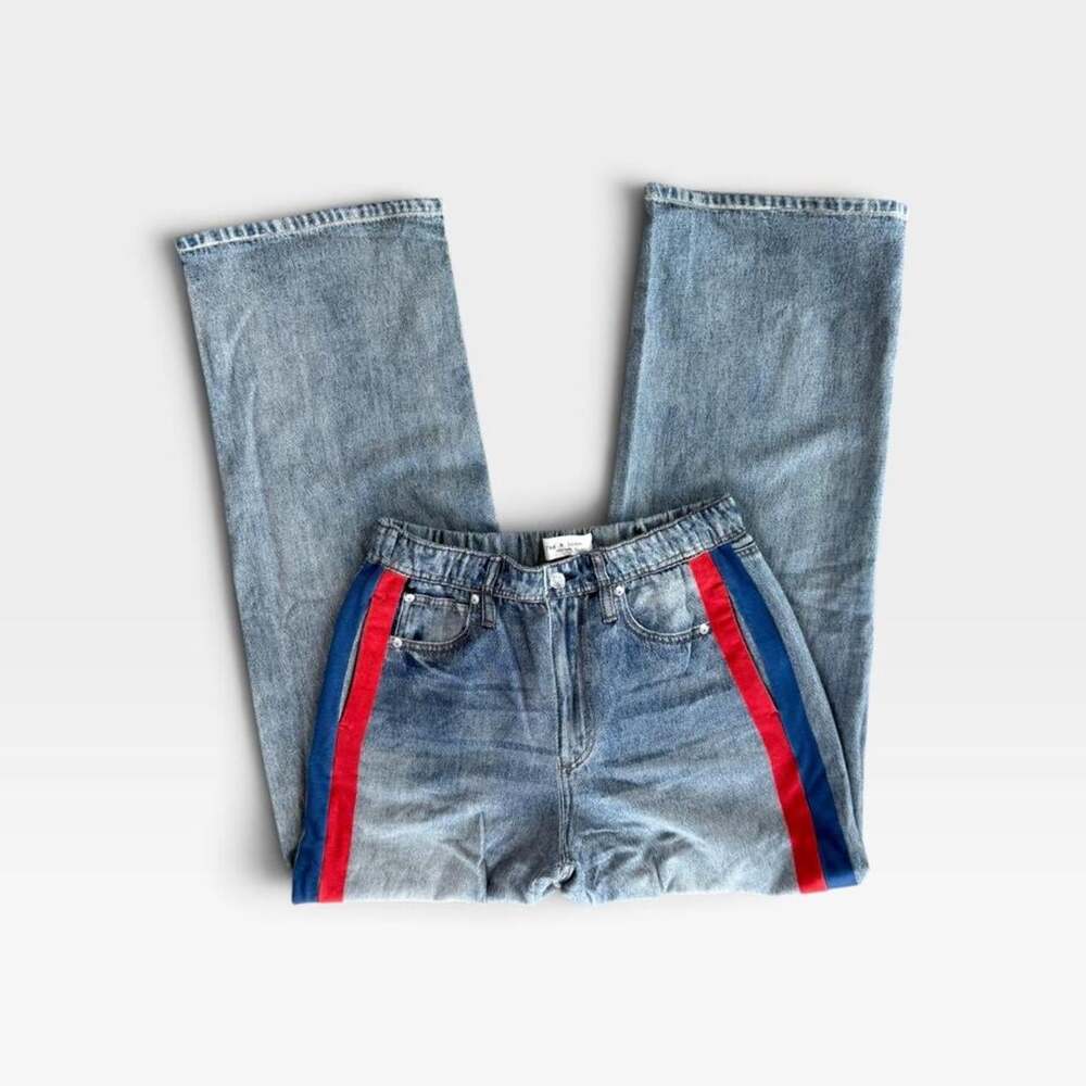 rag & bone Miramar Sport Stripe Track Pants | Denim-Print Wide Leg | Womens Size